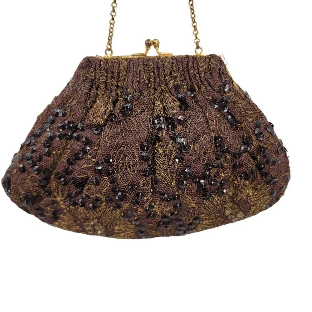 Vtg 50's Baguette Mini Framed Brown Gold Metallic Floral‎ Embroidered Sequin